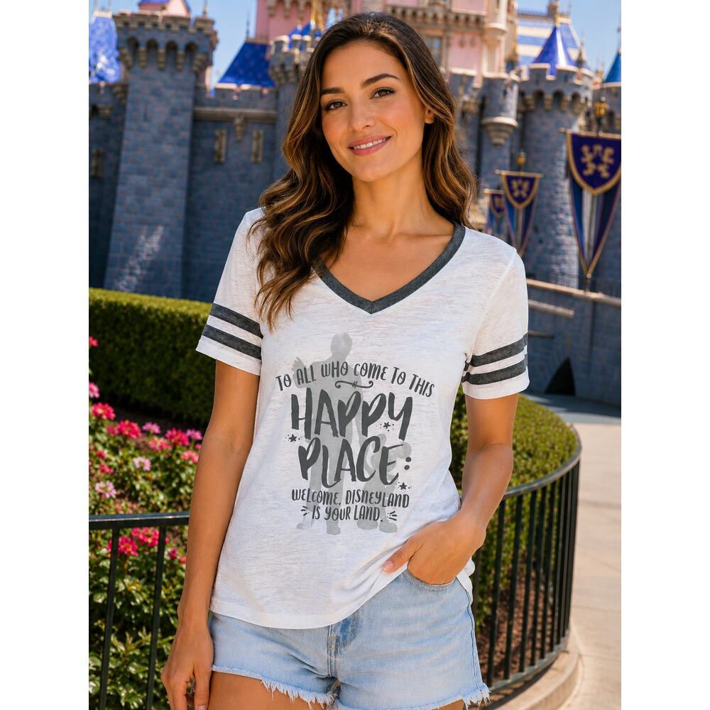 DISNEY PARKS Disneyland “Happy Place” Burnout V-Neck Ringer Tee Size Small